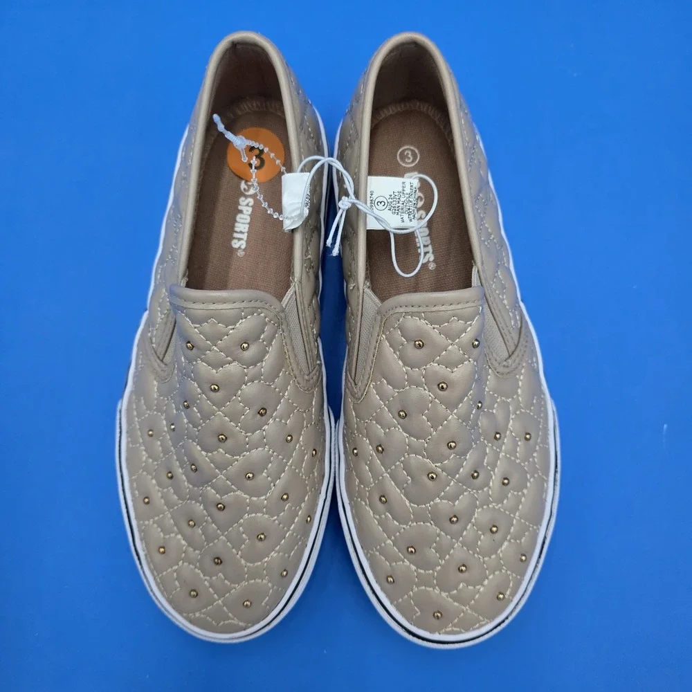 C. Sports Kids Quilted Heart Studded Slip On Sneakers‎ Taupe Beige Size 3 NWOB